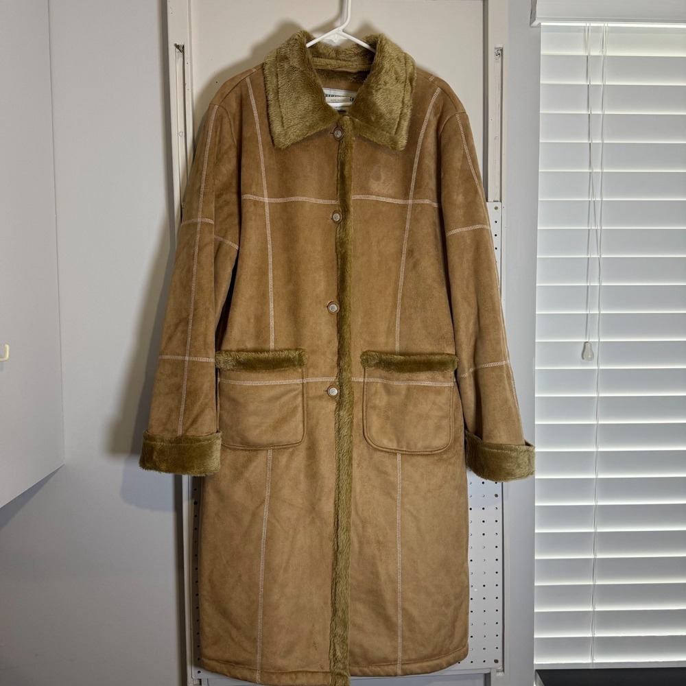 Vintage Fitz-Wright Trench‎ Coat Women's Tan Faux Suede Shearling Linning - XL